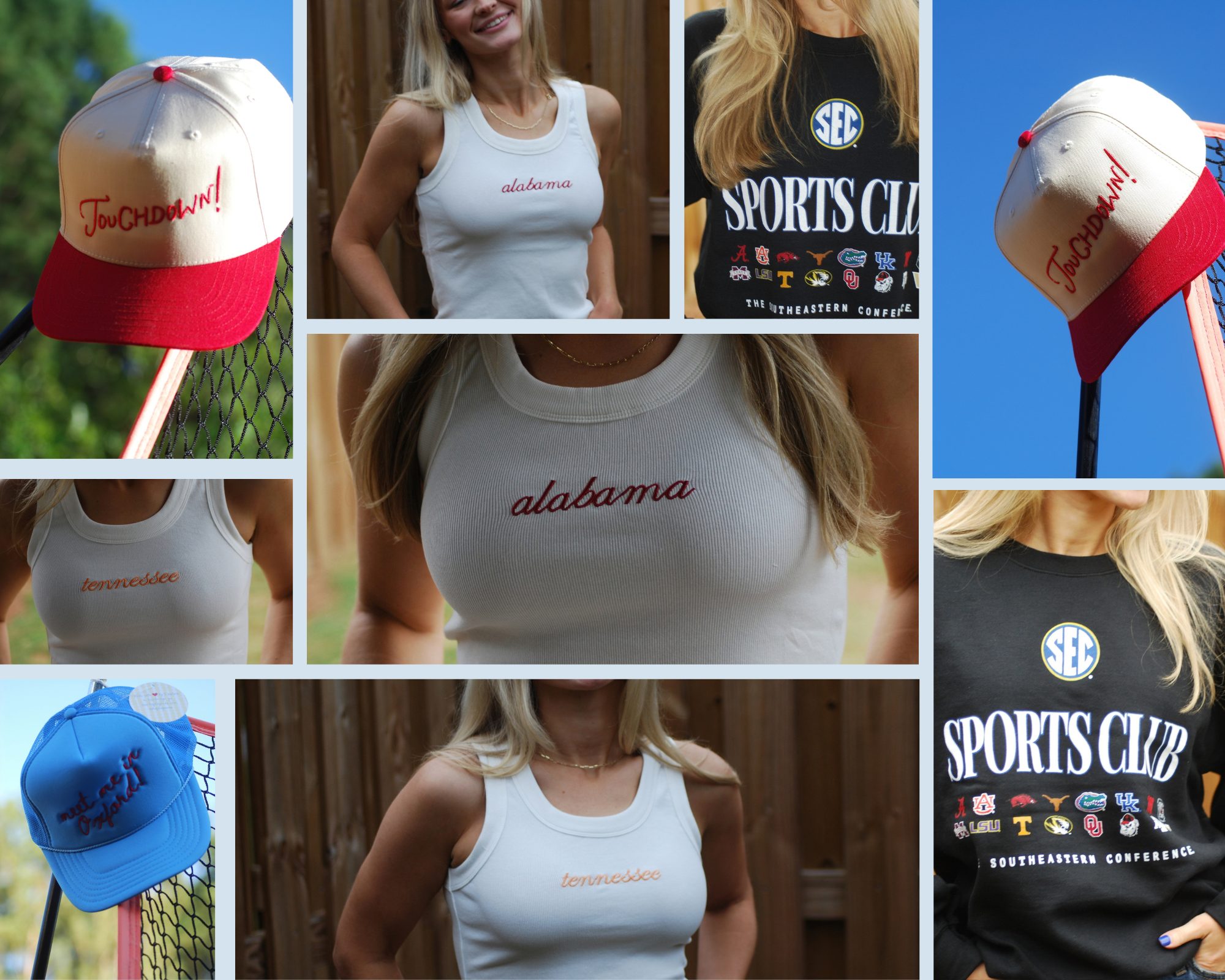 Collage of Coach's Daughter hats, tanks, and sweatshirts